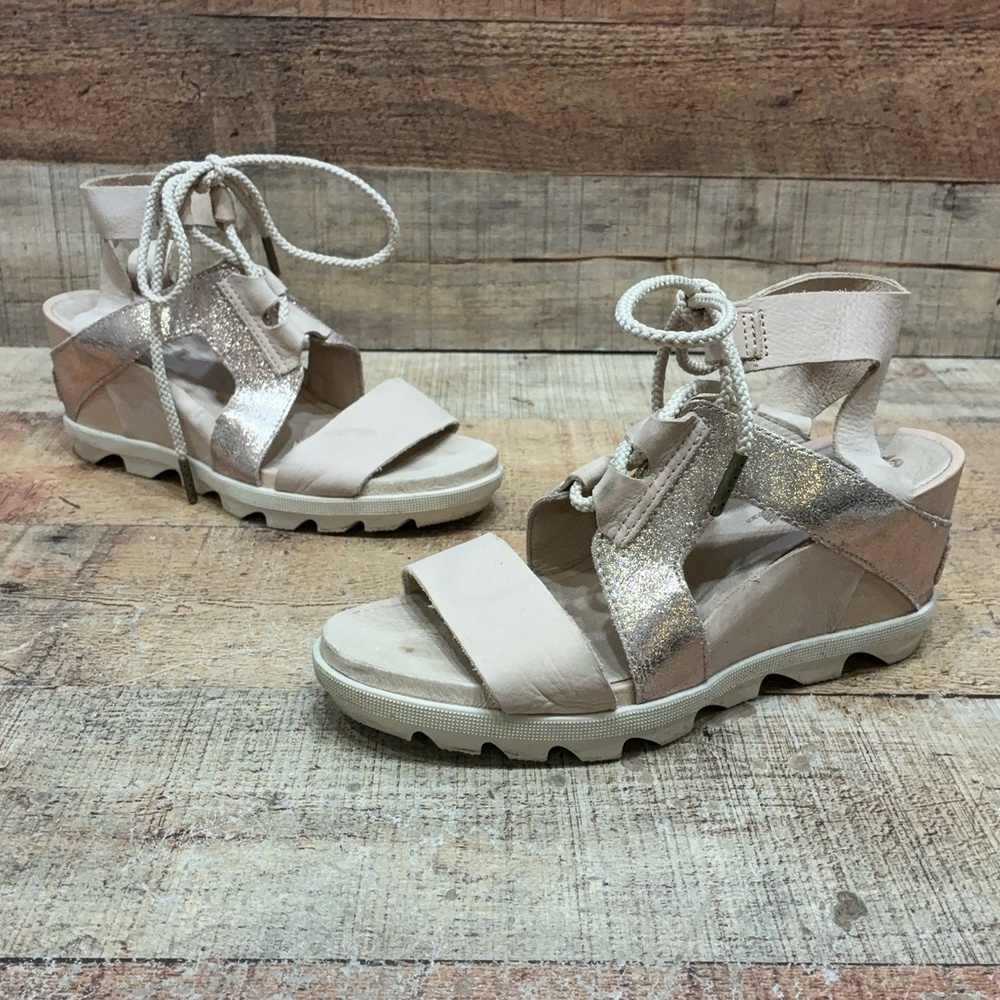 Sorel NL3550-257 Sandals Womens Size 8 39 Beige Leather Gladiator Wedge Shoes